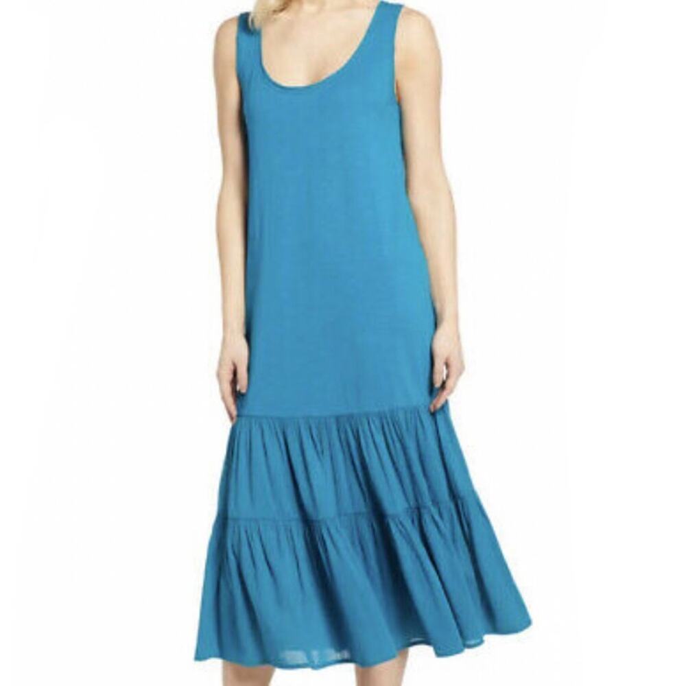 Caslon Tiered Midi Dress Teal Turquoise Blue Drop Waist Tank Ruffle Size XS